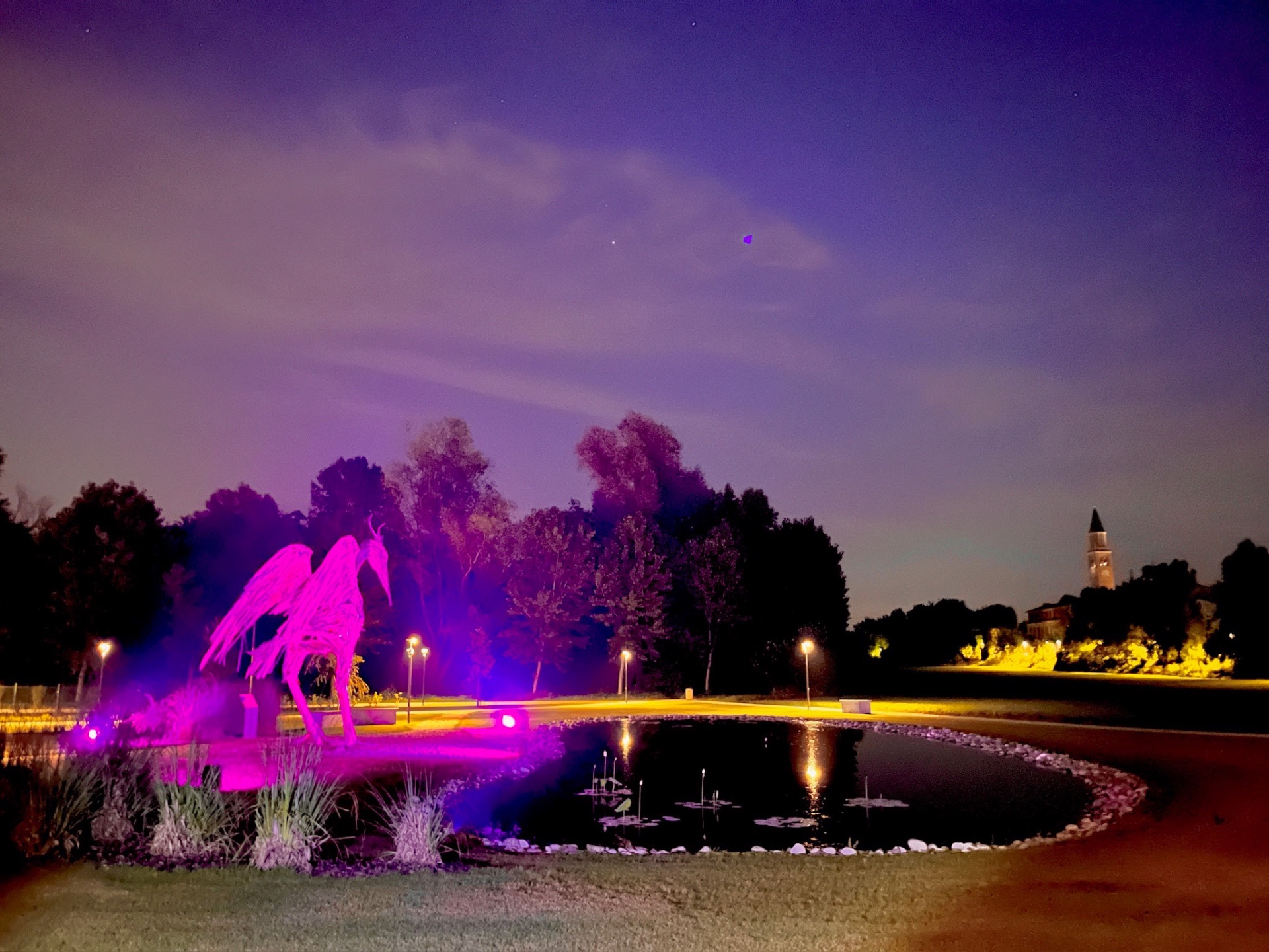 Scultura luminosa e laghetto di notte con vista sul campanile